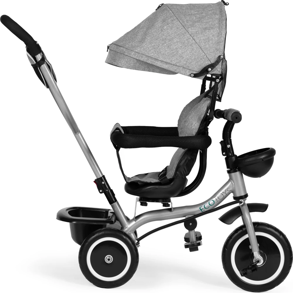 Triratukas-vežimėlis 2-in-1 ECOTOYS, sukioji sėdynė, sudedamas stogelis, pilkas