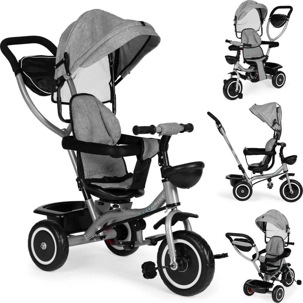Triratukas-vežimėlis 2-in-1 ECOTOYS, sukioji sėdynė, sudedamas stogelis, pilkas