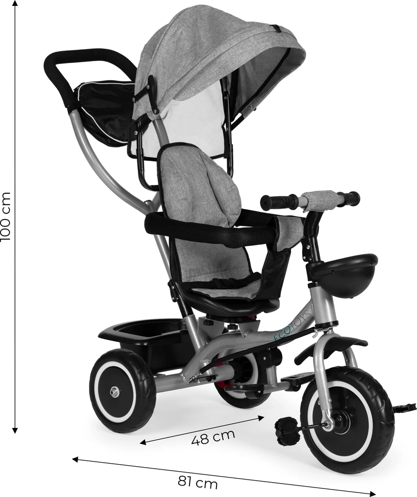 Triratukas-vežimėlis 2-in-1 ECOTOYS, sukioji sėdynė, sudedamas stogelis, pilkas