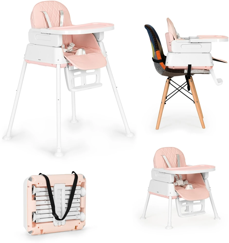 Rožinė ECOTOYS 3-in-1 sulankstoma vaikiška maitinimo kėdutė rožinė