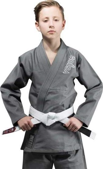 BJJ kimono Venum Contender Kids su baltu diržu, pilkas