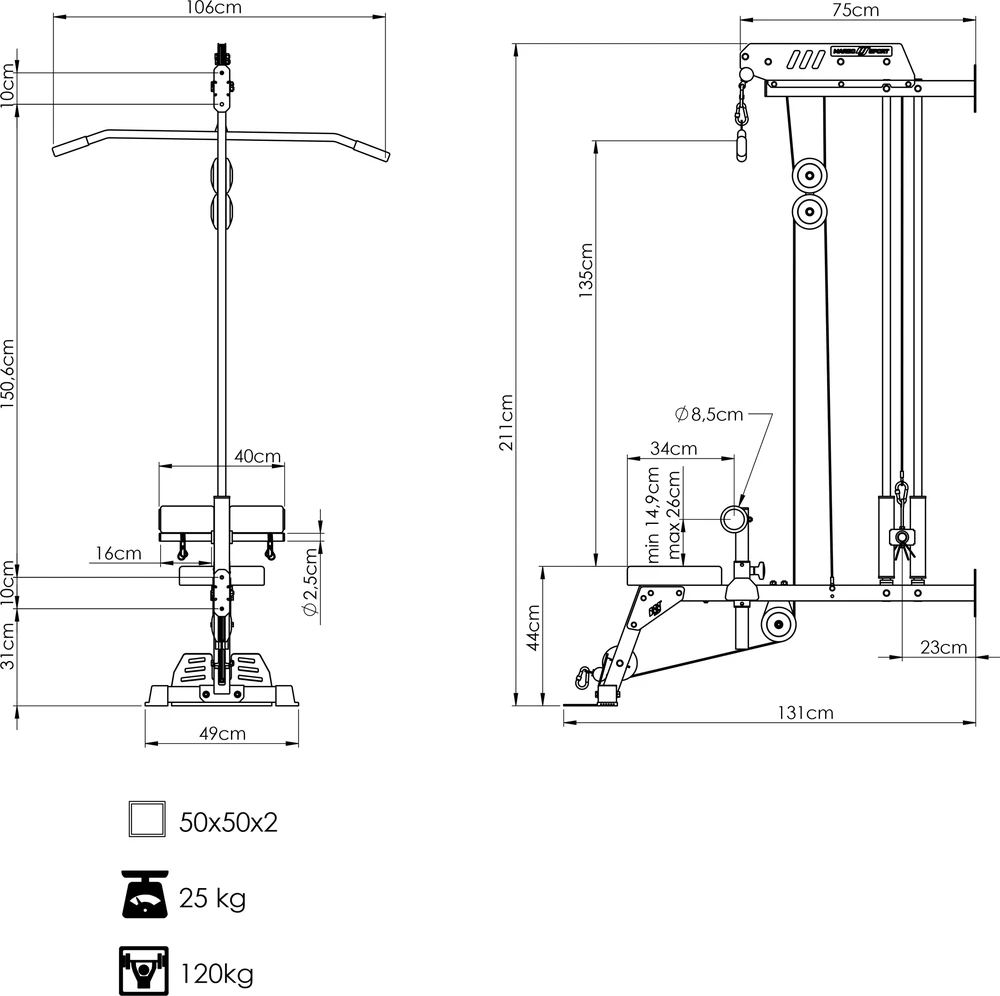 Viršutinės ir apatinės sienelės traukos su sėdyne ir atramomis kojoms MS-W104 2.0 - Marbo Sport