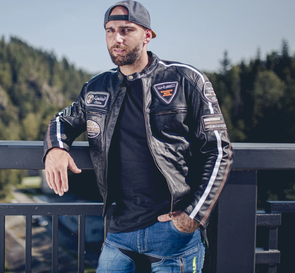 Vyriška odinė motociklininko striukė W-TEC Juodas Cracker