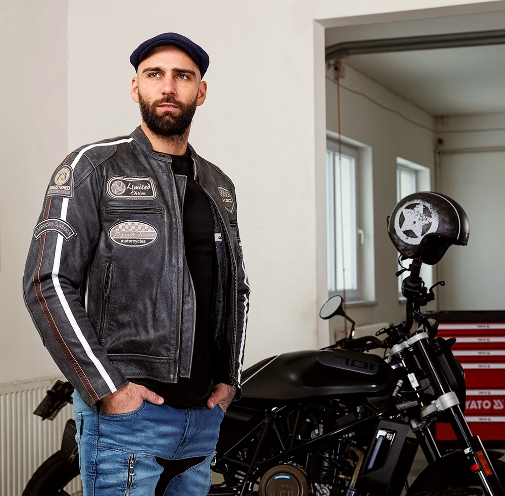 Vyriškas odinis moto švarkas W-TEC Dark Pilkas Vintage