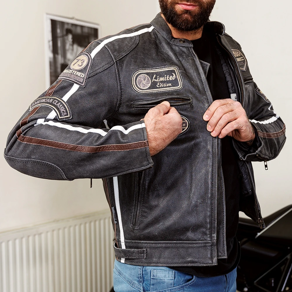 Vyriškas odinis moto švarkas W-TEC Dark Pilkas Vintage