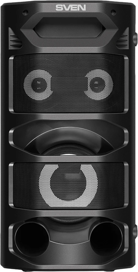 2.0 nešiojama kolonėlė SVEN PS-670, juodas, galia 2x32.5W (RMS), TWS, Bluetooth, FM, USB, Micro SD, LED ekranas, nuotolinio valdymo pultas, ličio baterija