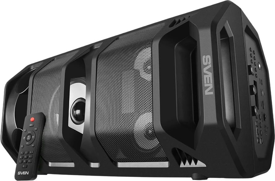 2.0 nešiojama kolonėlė SVEN PS-670, juodas, galia 2x32.5W (RMS), TWS, Bluetooth, FM, USB, Micro SD, LED ekranas, nuotolinio valdymo pultas, ličio baterija