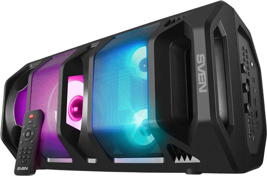 2.0 nešiojama kolonėlė SVEN PS-670, juodas, galia 2x32.5W (RMS), TWS, Bluetooth, FM, USB, Micro SD, LED ekranas, nuotolinio valdymo pultas, ličio baterija
