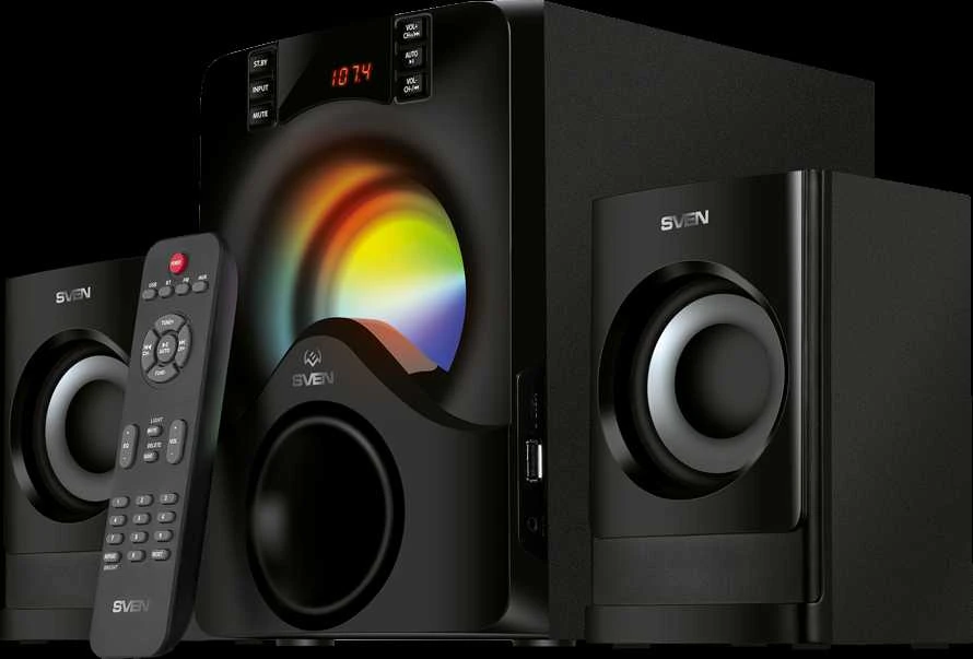 Kompiuterio kolonėlės 2.1 kolonėlės SVEN MS-312, juodas, Bluetooth, FM, USB, Ekranas, RC blokas, galia 20W+2x10W (RMS)