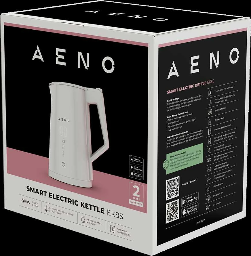 AENO EK8S Smart Electric Virdulys, Wi-Fi, 1.7L, Temp Control, Strix, Baltas