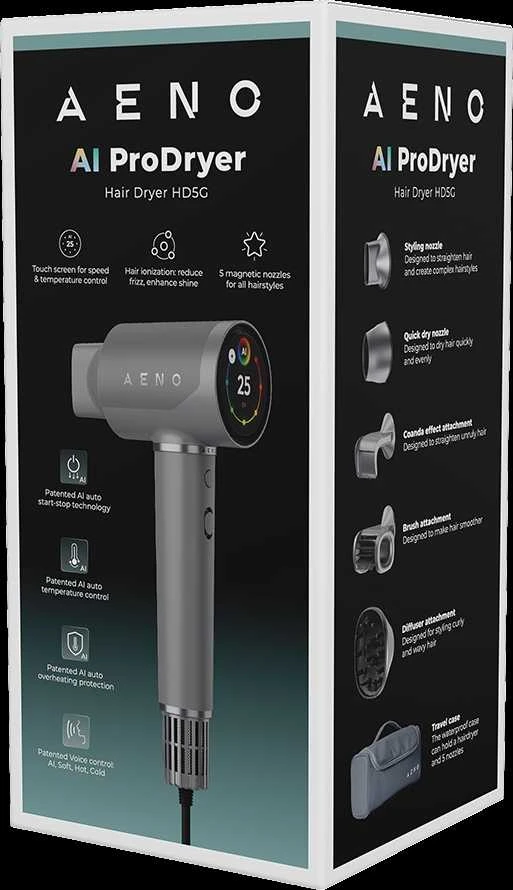 Plaukų džiovintuvas AENO HD5G AI ProDryer, 1500W, 5+ Modes, LCD, 110000 RPM, Pilkas