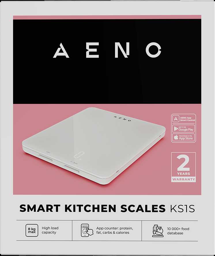AENO virtuvinės svarstyklės KS1S išmaniosios, maks. apkrova - 8kg, „Bluetooth“, daugiau nei 10 000 produktų ir patiekalų, 25 indikatorių analizė, kavos režimas, 6 vienetų konvertavimas: kg, g, lb, fl, oz, ml, medžiaga - stiklas
