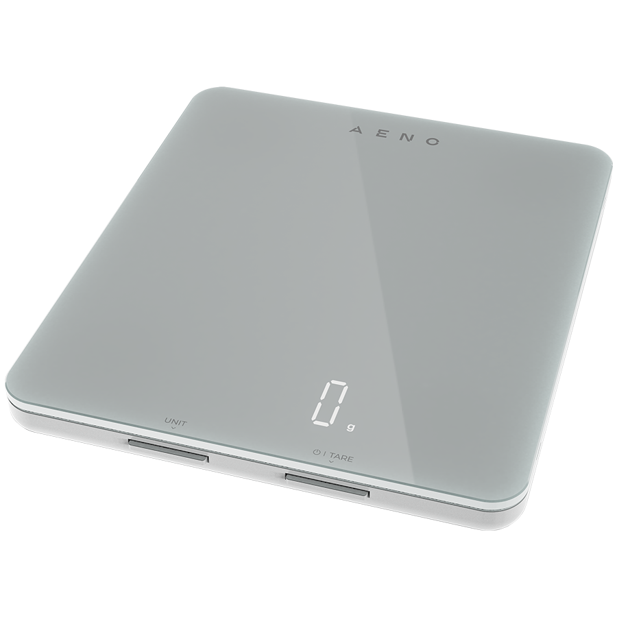 AENO virtuvinės svarstyklės KS1S išmaniosios, maks. apkrova - 8kg, „Bluetooth“, daugiau nei 10 000 produktų ir patiekalų, 25 indikatorių analizė, kavos režimas, 6 vienetų konvertavimas: kg, g, lb, fl, oz, ml, medžiaga - stiklas