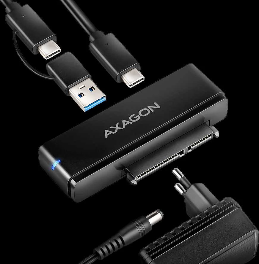 AXAGON ADSA-FPX USB-C 10Gbps - SATA 6G 2.5''/3.5'' SSD/HDD FAST PORT X adapteris su kintamosios srovės adapteriu, USB-C - USB-A adapteris