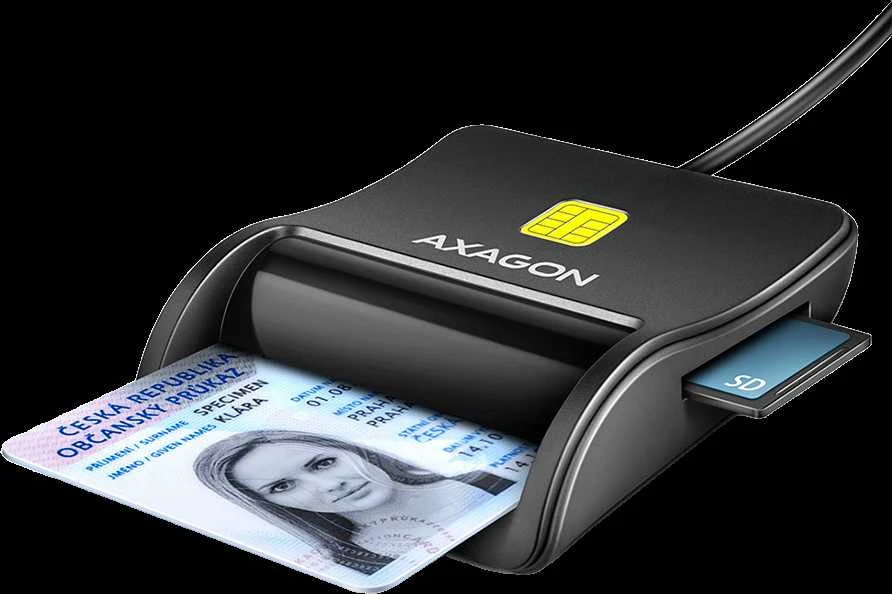 Axagon Compact stalinis USB kontaktas Smart/ID ir SD/Micro SD/SIM kortelių skaitytuvas su ilgu USB-A laidu.
