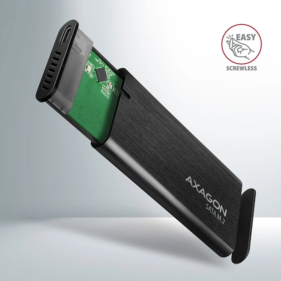 AXAGON EEM2-SBC, M.2 SATA screwless RAW box, juodas, SuperSpeed USB-C 10 Gbps
