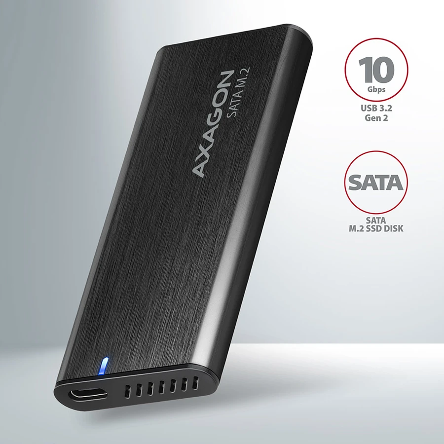 AXAGON EEM2-SBC, M.2 SATA screwless RAW box, juodas, SuperSpeed USB-C 10 Gbps