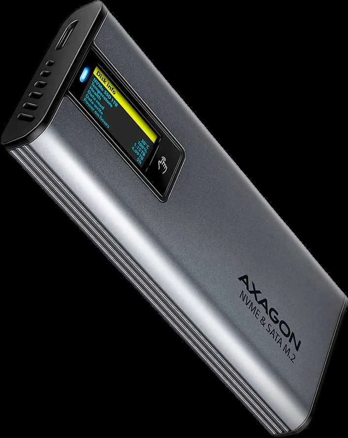„AXAGON“ išorinė metalinė dėžutė su USB-C 10 Gbps prievadu ir informaciniu ekranu, skirta M.2 NVMe ir SATA SSD diskams | EEM2-SD2
