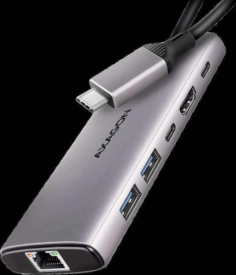AXAGON HMC-6G2L 2x USB-A 10Gbps, 1x USB-C 10Gbps, 4K/60Hz HDMI, RJ-45, USB 3.2 Gen 2 šakotuvas, PD 100W, 15cm USB-C laidas
