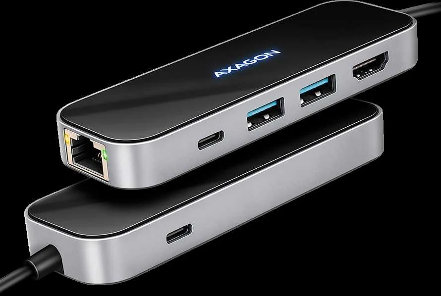 AXAGON HMC-6GLN 2x USB-A 5Gbps, 1x USB-C 5Gbps, 4K/60Hz HDMI, RJ-45, USB 3.2 Gen 1 šakotuvas, PD 100W, 20 cm USB-C laidas