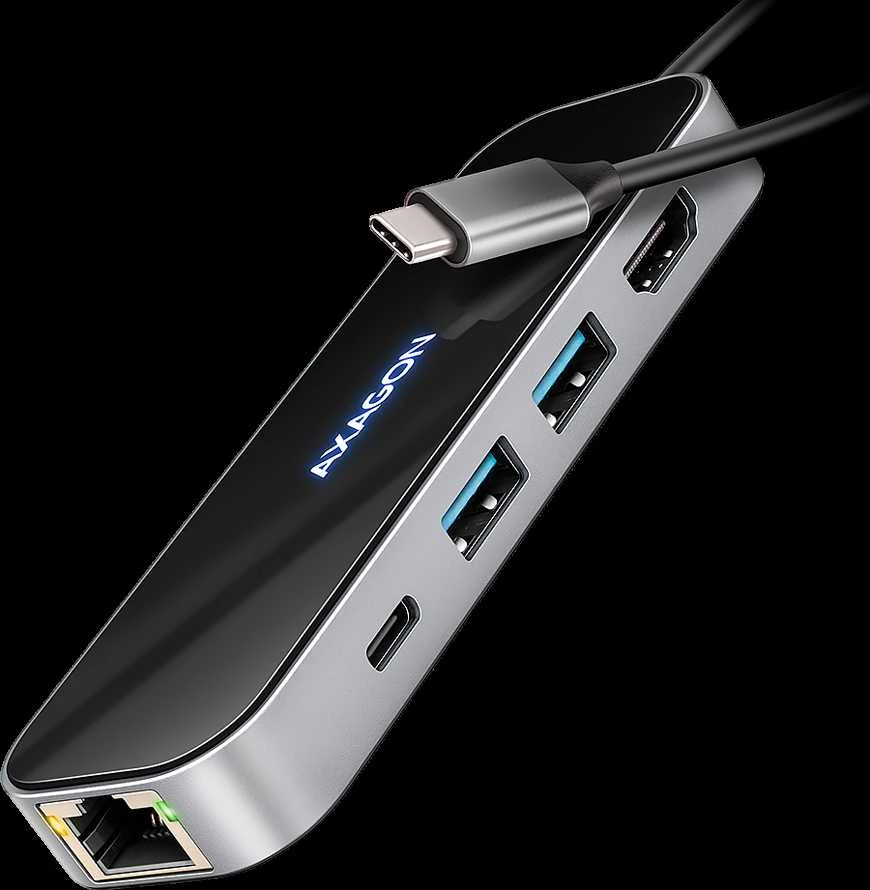 AXAGON HMC-6GLN 2x USB-A 5Gbps, 1x USB-C 5Gbps, 4K/60Hz HDMI, RJ-45, USB 3.2 Gen 1 šakotuvas, PD 100W, 20 cm USB-C laidas