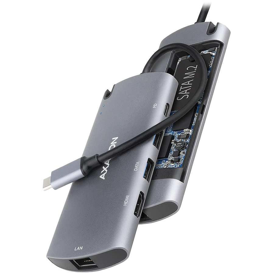 Axagon HMC-6M2 SUPERSPEED USB-C COMBO 6IN1 HUBMultiport USB 3.2 Gen 1 šakotuvas. SATA M.2, HDMI, Gigabit LAN ir maitinimo tiekimas. USB-C laidas 18 cm.