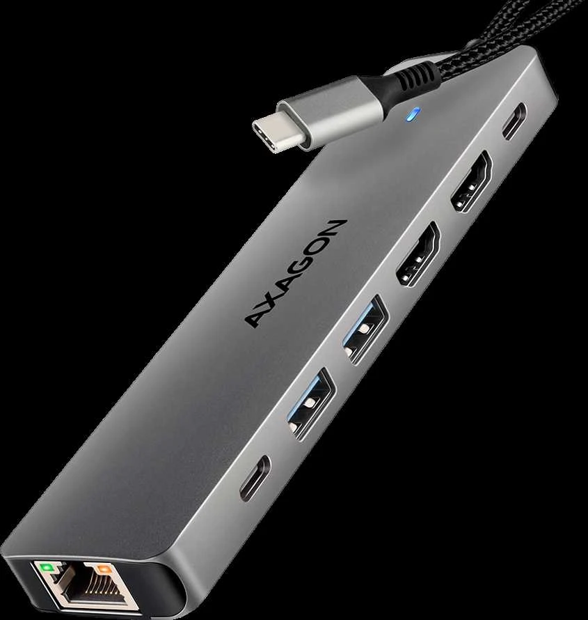AXAGON HMC-7HX2 USB-C 3.2 Gen 1 šakotuvas, 2x USB-A + 1x USB-C, 2x HDMI 4K 60Hz, GLAN, PD 100W, 15 cm USB-C laidas