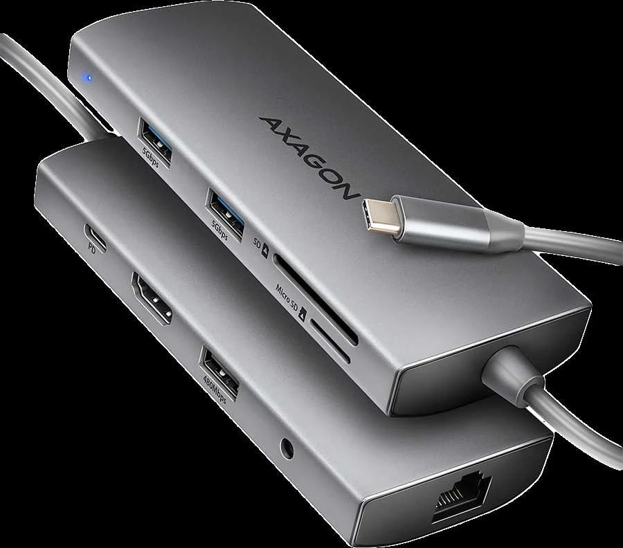 AXAGON HMC-8HLSA USB-C 3.2 Gen 1 šakotuvas, 3x USB-A + 4K/30Hz HDMI + SD / Micro SD, GLAN, garsas, PD 100 W, 20 cm USB-C laidas