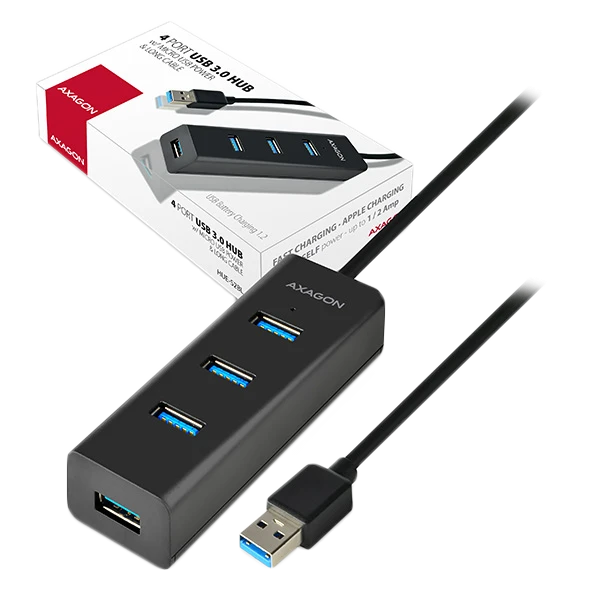 AXAGON HUE-S2BL 4x USB3.0 įkrovimo šakotuvas 1,2 m laidas, MicroUSB įkrovimas