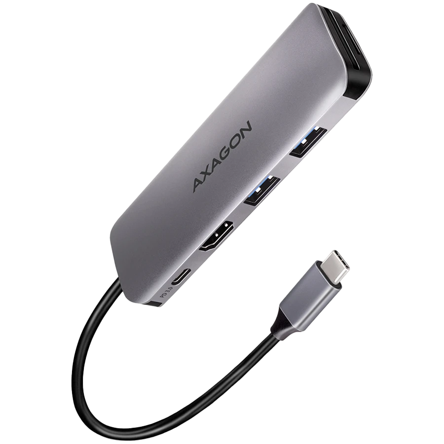 Axagon Multiport USB 3.2 Gen 1 šakotuvas. HDMI, kortelių skaitytuvas ir maitinimo tiekimas. 20 cm USB-C laidas.