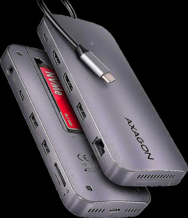 AXAGON kelių prievadų USB-C 10Gbps šakotuvas. NVMe/SATA M.2, HDMI ir DisplayPort. USB-C laidas 50 cm.