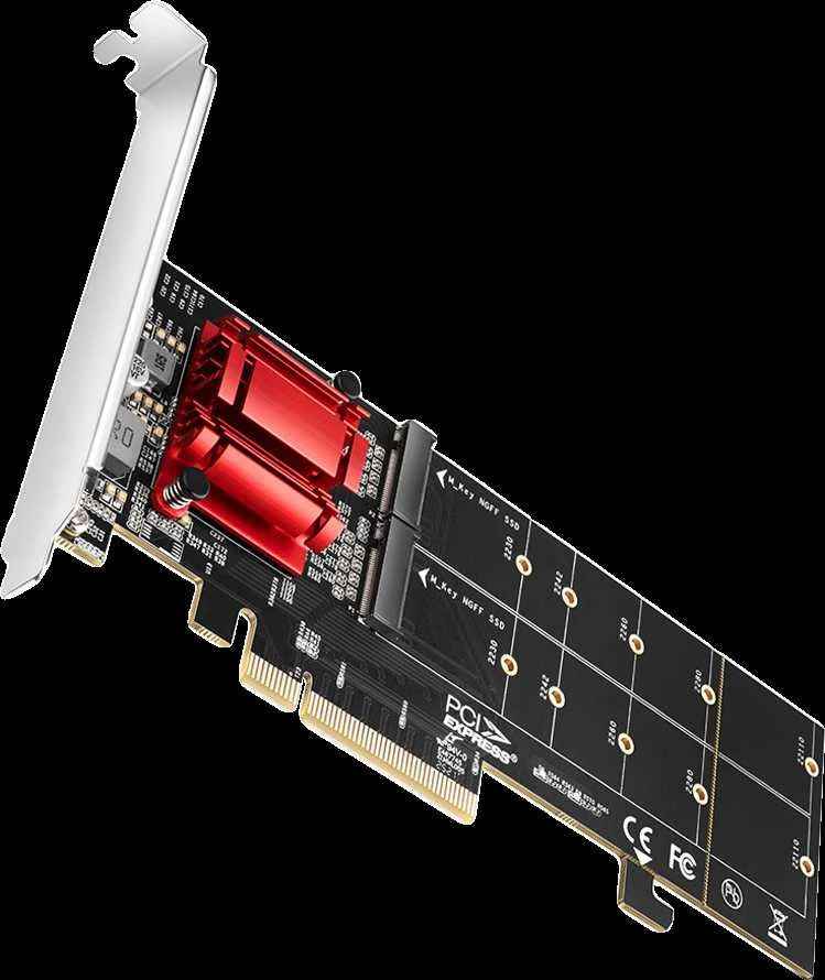 Axagon PCEM2-ND PCIE 2X NVME M.2 CONTROLLERPCI-Express x8 vidinis valdiklis, skirtas dviejų NVMe M.2 SSD diskų prijungimui prie kompiuterio. Palaiko pagrindines plokštes be PCIe Bifurcation.