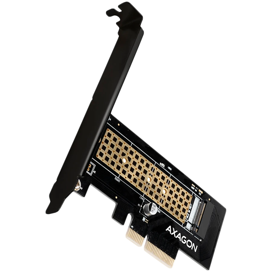 Axagon PCEM2-ND PCIE 2X NVME M.2 CONTROLLERPCI-Express x8 vidinis valdiklis, skirtas dviejų NVMe M.2 SSD diskų prijungimui prie kompiuterio. Palaiko pagrindines plokštes be PCIe Bifurcation.