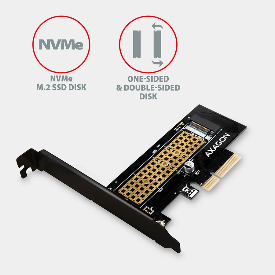 Axagon PCEM2-ND PCIE 2X NVME M.2 CONTROLLERPCI-Express x8 vidinis valdiklis, skirtas dviejų NVMe M.2 SSD diskų prijungimui prie kompiuterio. Palaiko pagrindines plokštes be PCIe Bifurcation.