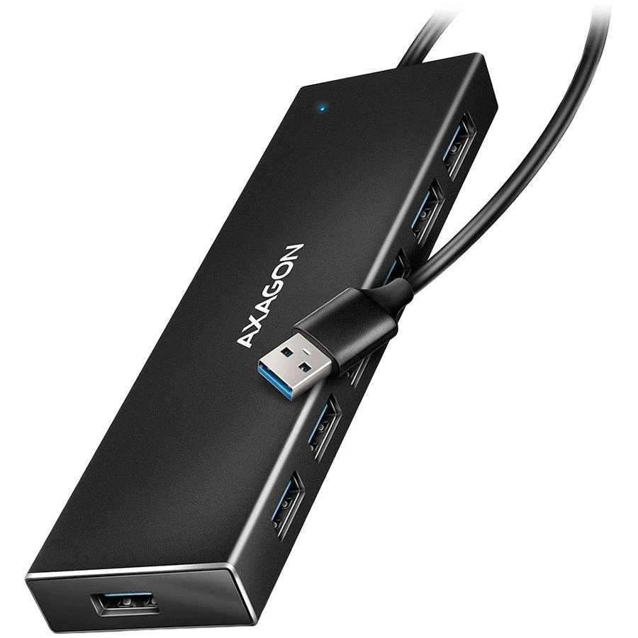 „Axagon“ septynių prievadų USB 3.2 Gen 1 šakotuvas su įkrovimo palaikymu. Jungtis išoriniam maitinimo šaltiniui. USB-A laidas 1 m.