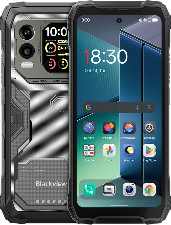 Blackview XPLORE 1 PRO Rugged Phone 5G 6.78 inch FHD 2.4k 2460x1080 120Hz + 2.01 inch 296x240 12/256Gb MT 7050 Octa-Core 2.4GHz 50MP Front 64+20MP Rear Cam Termal Imaging+Night Vision NFC 20000mAh MIL-STD-810H Android 15 Juodas