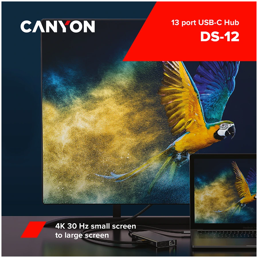 CANYON DS-12 USB-C šakotuvas su ekrano vaizdo perdavimu