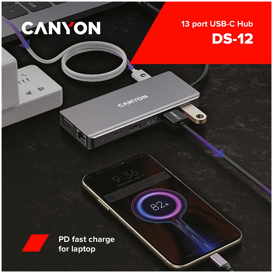 CANYON šakotuvas DS-12 13in1 4k USB-C Tamsiai pilka