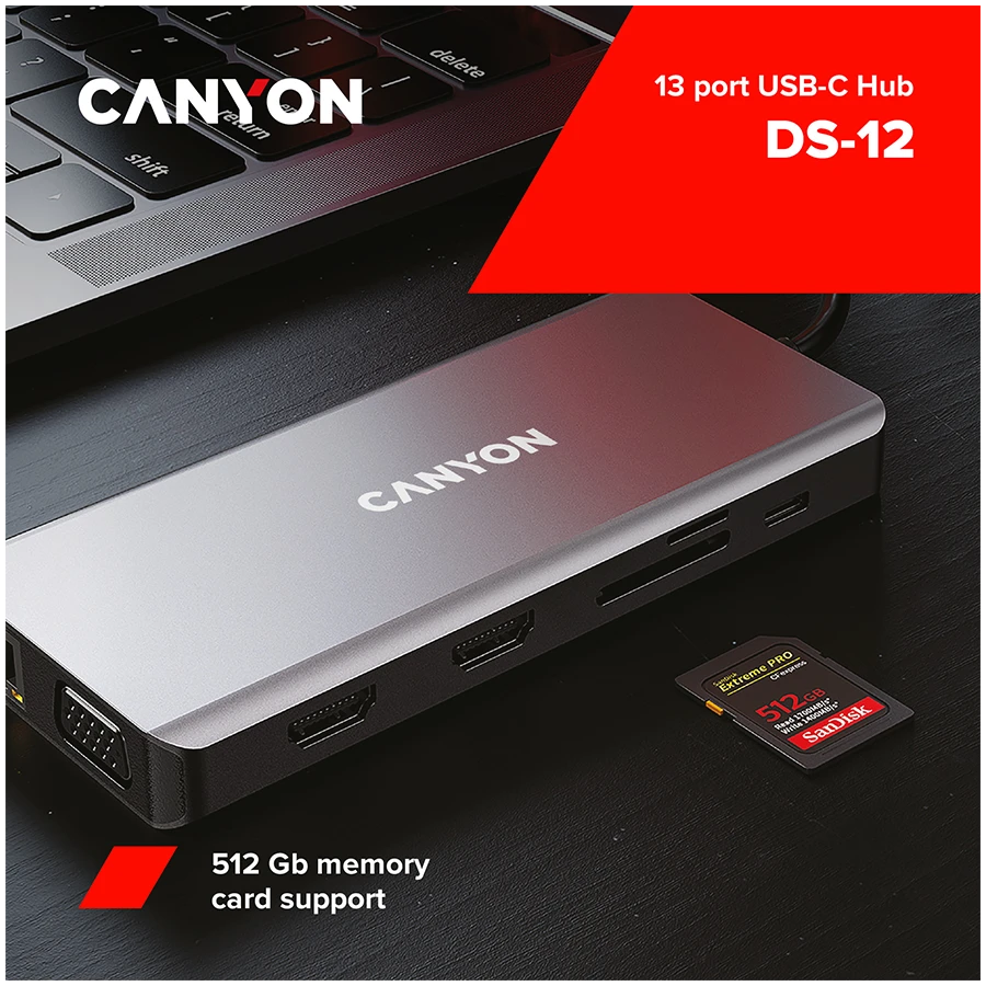 CANYON šakotuvas DS-12 13in1 4k USB-C Tamsiai pilka