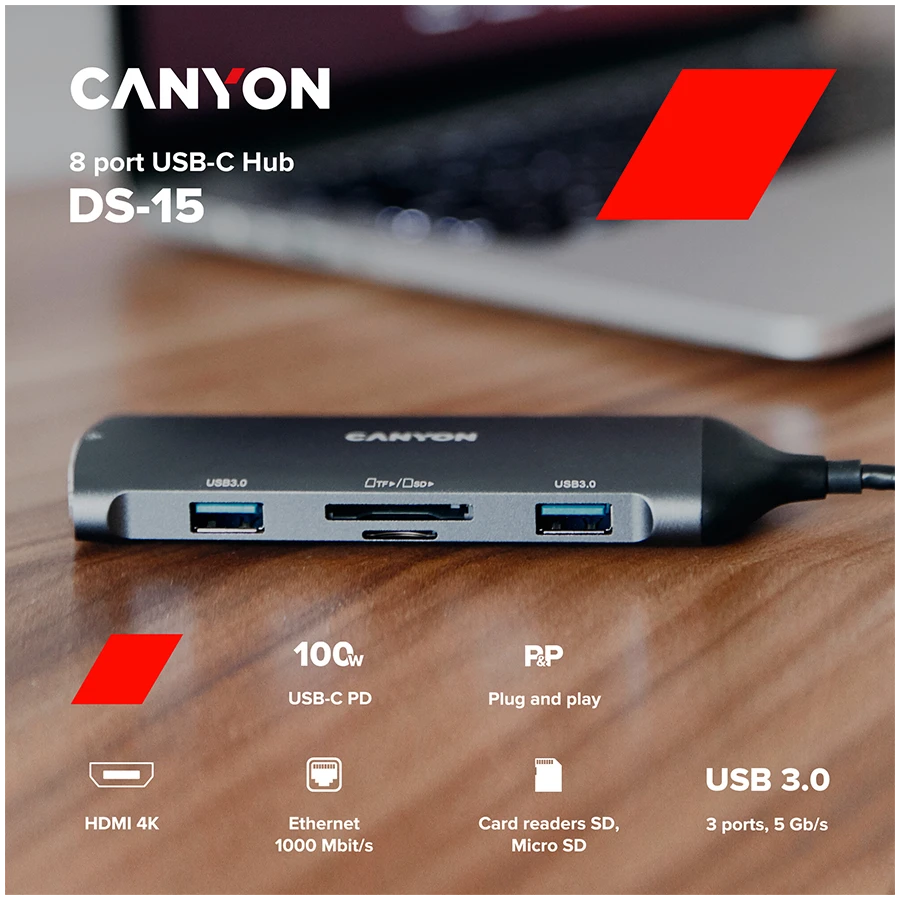 CANYON šakotuvas DS-15 8in1 4k USB-C Tamsiai pilka