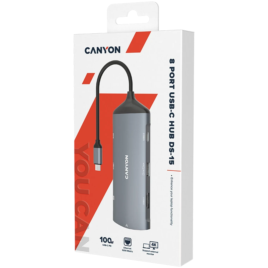 CANYON šakotuvas DS-15 8in1 4k USB-C Tamsiai pilka