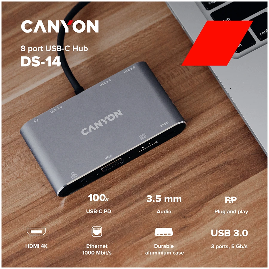 CANYON hub DS-14 8in1 4k USB-C Dark Pilkas