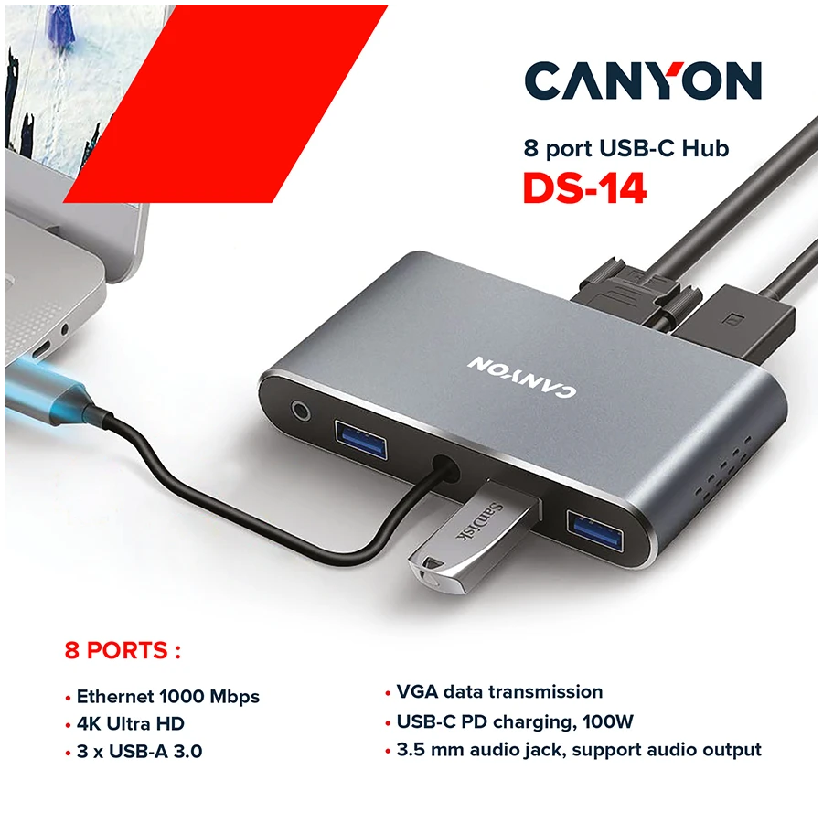 CANYON hub DS-14 8in1 4k USB-C Dark Pilkas