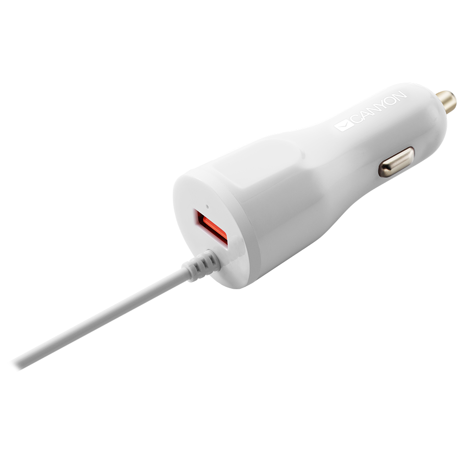 CANYON automobilinis įkroviklis C-033 2.4A/USB-A su integruotu „Lightning“ Baltas