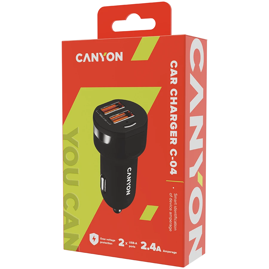 CANYON automobilinis pakrovejas C-04 2.4A/2USB-A Juodas