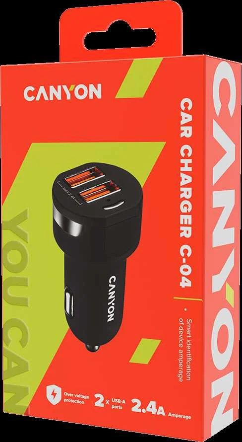 CANYON automobilinis pakrovejas C-04 2.4A/2USB-A Juodas