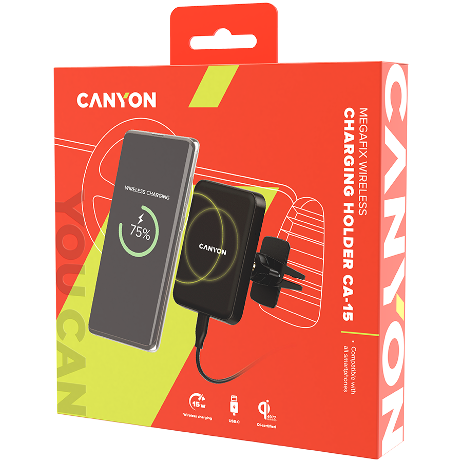 CANYON CH-15, Automobilinis laikiklis ir belaidis įkroviklis MegaFix, C-15, 15W, Įvestis: USB-C: 5V/2A, 9V/3A; Galia: 5W, 7,5W, 10W, 15W;89*65*12mm,0,195kg,juodas