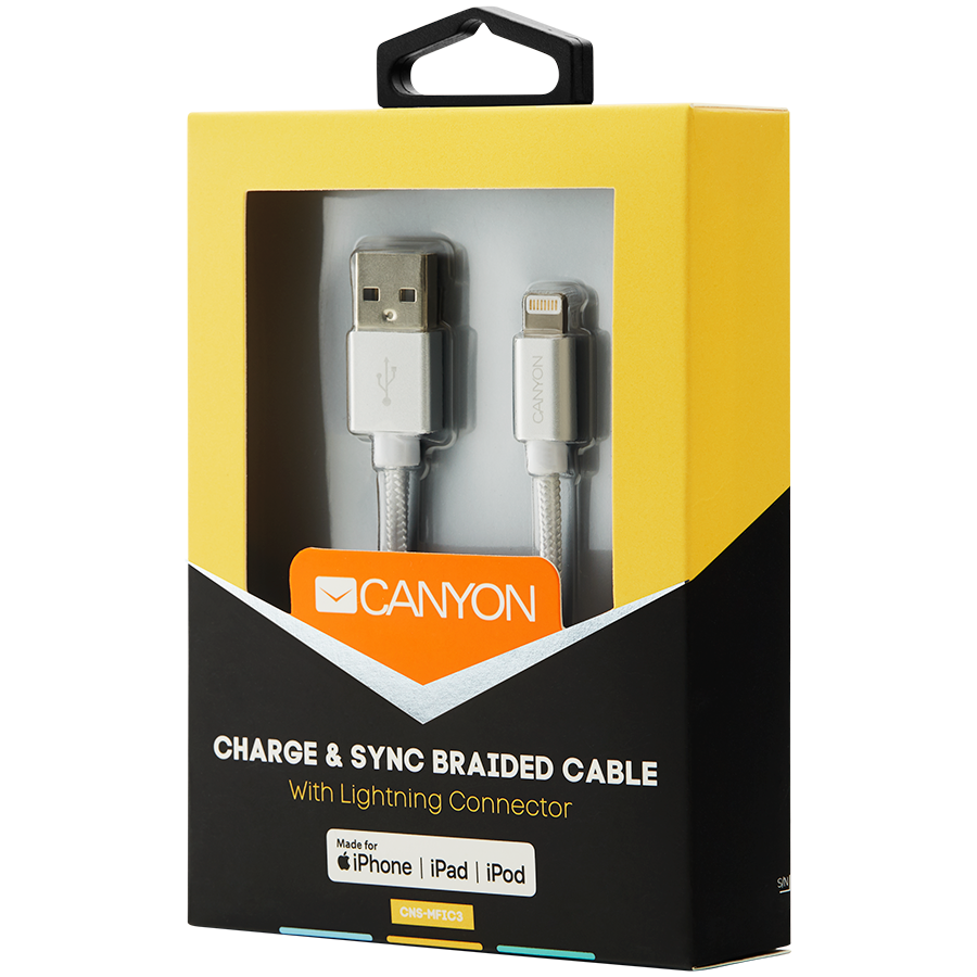 CANYON kabelis MFI-3 Lightning 12W 1m Baltas