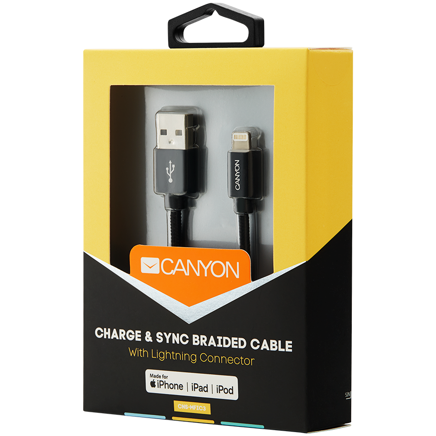 CANYON kabelis MFI-3 Lightning 12W 1m Juodas