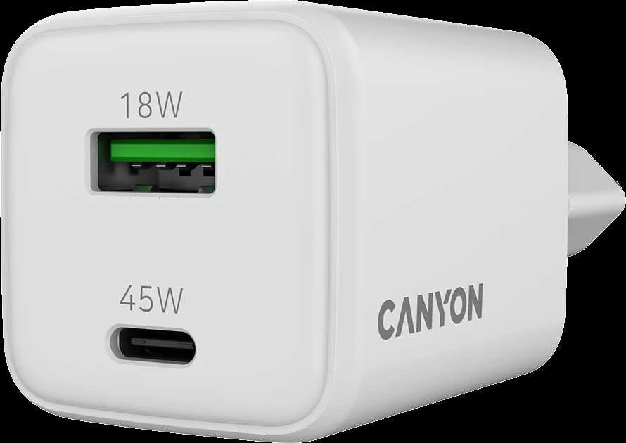 CANYON įkroviklis CU45AC GaN 45W 1xPD 1xQC EU Baltas